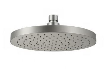 Modern round rainfall shower head providing refreshing water flow for bathroom hygiene on transparent background