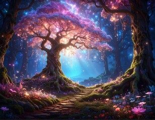 A vibrant, luminous forest scene with a glowing tree at the heart