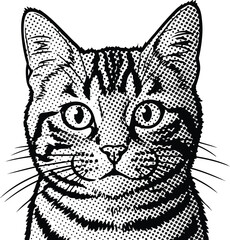 Vintage Halftone Illustration of a Cat Face in Black and White Line Art Style