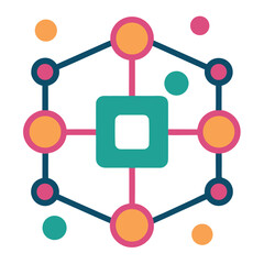 Modern abstract network logo with connected colorful nodes and geometric shapes, representing digital connection and innovation	