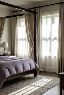 Experience serene comfort with a four-poster bed and lavender bedding, perfect for relaxation and peaceful sleep in a stylish bedroom