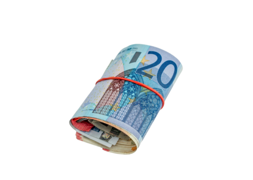 Rolled 20 Euro Banknotes Secured with Red Rubber Band