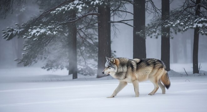 Wolf walking through snowy forest landscape during winter, wildlife nature scene captured in cold environment with serene viewpoint, Whisk_041a881bcbfde4e9b4a484a53ee33e3cdr.jpg concept