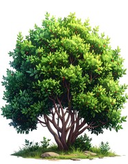 Digital illustration of a lush green tree with red berries on white background