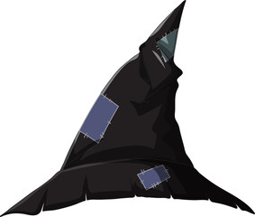 Old black witch hat with fabric patches illustration