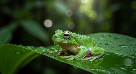 Naklejka premium Close-up of vibrant green frog resting on leaf with water droplets in natural rainforest environment from side view featuring Whisk_c22c16b724338669bca49b4300b85a76dr.jpg concept