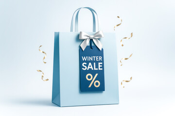 Elegant Blue Shopping Bag With Winter Sale Tag On Minimal Background For Concepts Of Seasonal Discounts, Holiday Promotions, Gift Shopping, Retail Marketing, And Modern Visuals For E-Commerce Campaign