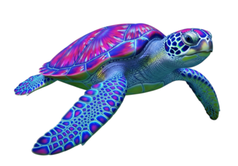 Colorful sea turtle with vibrant pink and blue patterns, swimming gracefully in clear blue water isolated on transparent background