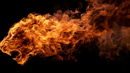 A fierce lion made of flames, showcasing intense energy and power in dark surroundings.