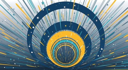 Dynamic Abstract Cosmic Tunnel with Concentric Rings Stars and Energetic Light Streaks Vector.