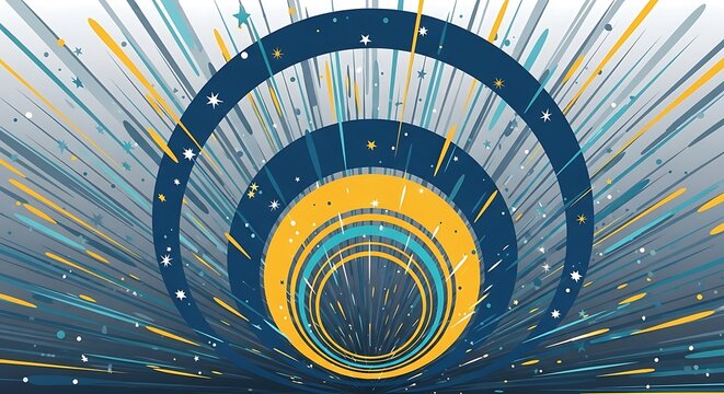 Dynamic Abstract Cosmic Tunnel with Concentric Rings Stars and Energetic Light Streaks Vector.