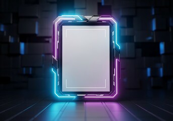 Futuristic glowing frame with neon accents set against a dark, abstract background