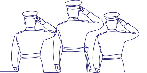 Continuous line drawing of military officers saluting for memorial day event