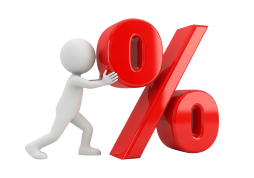 3d white man pushing a large red percentage sign isolated on transparent background