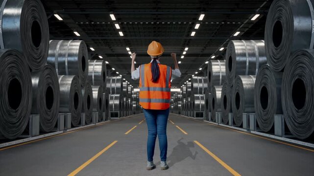 Full Body Back View Of A Female Engineer With Safety Helmet Raising Her Hands Celebrating While Working with Stacks of Huge Metal Steel Coils in Warehouse
