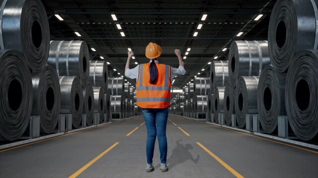 Full Body Back View Of A Female Engineer With Safety Helmet Raising Her Hands Celebrating While Working with Stacks of Huge Metal Steel Coils in Warehouse