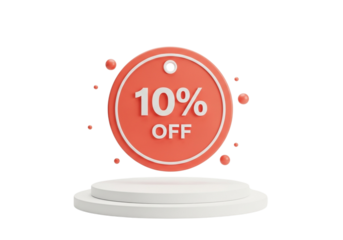 Orange tag with 10 off text on a podium, isolated on transparent background