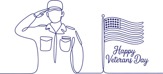 Happy veterans day line art illustration with soldier and american flag design