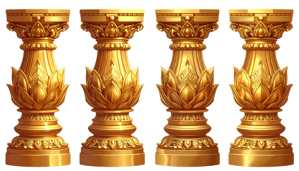 Ornate Golden Temple Columns with Intricate Carvings, Sacred Architectural Elements Isolated on Transparent Background