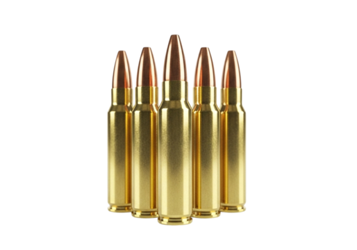 Five rifle cartridges arranged in a fan shape, isolated on transparent background