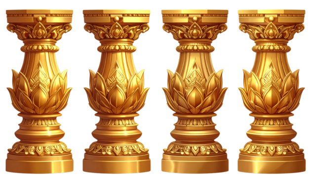 Ornate Golden Temple Columns with Intricate Carvings, Sacred Architectural Elements Isolated on Transparent Background