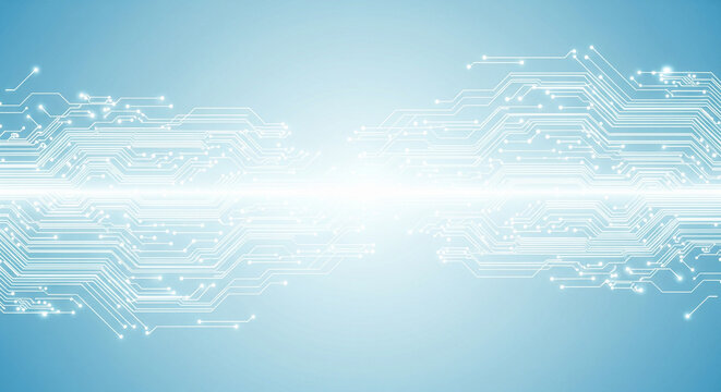 Digital Circuit Board Pattern with Glowing Lights and Blue Gradient Background