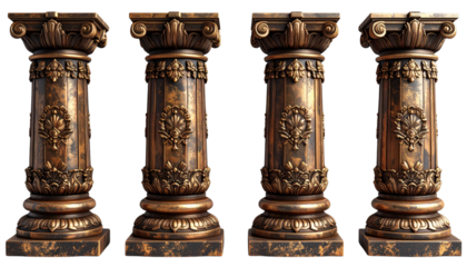 Set of Ancient Bronze-Gold Temple Pillars with Engraved Patterns, Cultural Heritage Design PNG