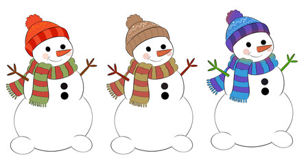 Set of minimal cute snowman with clean curved lines, pastel scarf and winter wool hats.