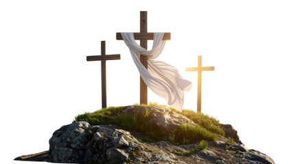 Three Easter Crosses on Hilltop with Flowing White Fabric, Sunrise