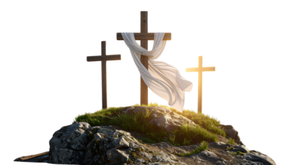 Three Easter Crosses on Hilltop with Flowing White Fabric, Sunrise
