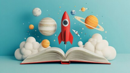Colorful Rocket Launching from Book Surrounded by Planets, Stars, Clouds - Adventure A whimsical scene featuring
