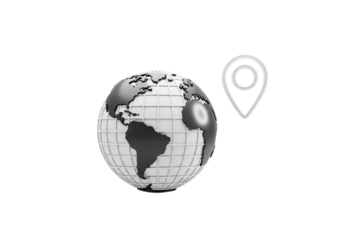 Black and white globe with a location pin icon, isolated on transparent background