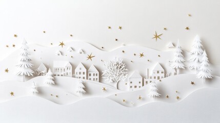 Magical Winter Landscape with White Houses and Golden Star Trees Evoking Warmth A serene featuring paper