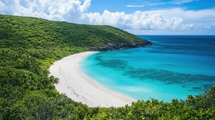 Serene Tropical Beach with Clear Water and Lush Green Hills