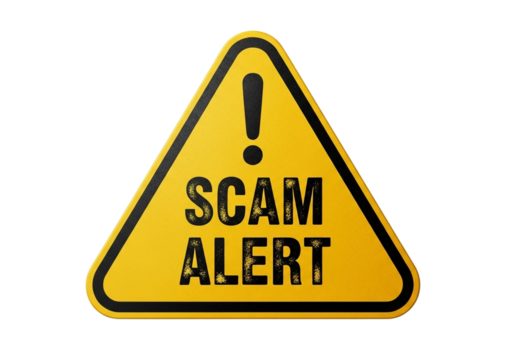 Yellow triangular warning sign with black border and text scam alert and exclamation mark, isolated on transparent background