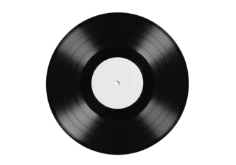 Black vinyl record with a blank white label isolated on transparent background