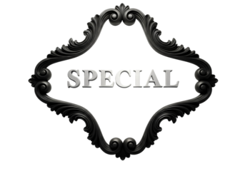 Ornate black frame with the word special in silver letters isolated on transparent background