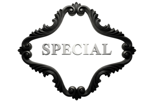 Ornate black frame with the word special in silver letters isolated on transparent background