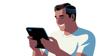 Illustration of a middle-aged man using his smartphone. Looks happy, looks pleased. Communication. SNS. Dating app.