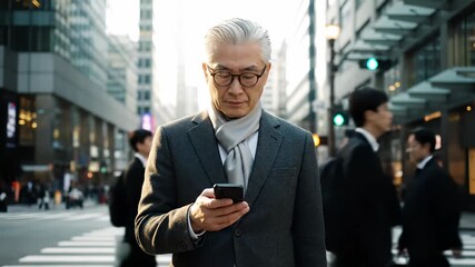 Man businessman executive checks smartphone. City crosswalk shows corporate commute with urban crowd. Smartphone use highlights technology and communication. Senior professional walks through - Powered by Adobe