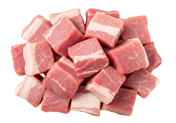 Pile of raw pork belly cubes isolated on transparent background