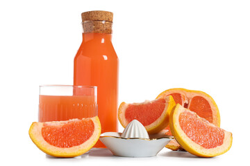 Ceramic juicer, pieces of ripe grapefruit, bottle and glass of juice isolated on white background,...