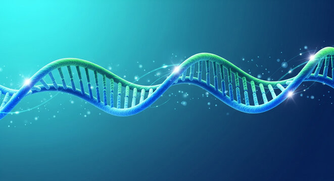 Abstract Blue and Green Dna Helix Structure with Glowing Particles and Light Effects