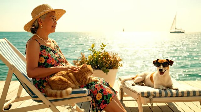 Woman relaxing with cat and dog by seaside on wooden deck. Sunhat shades woman as sailboat drifts on horizon. Potted flowers add calm atmosphere. Image conveys summer relaxation and companionship. - Powered by Adobe