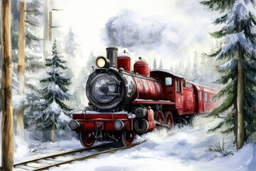 Christmas Steam Train Journeying Through Snowy Forest in a Painting of traveling