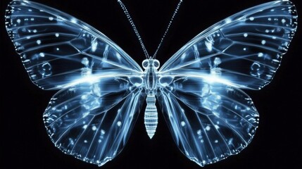 Close-up monochromatic x-ray image of a butterfly on dark background. close up