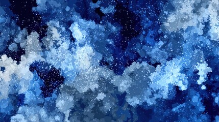 Colorful abstract design showcases a deep blue background filled with cloud-like shapes and sparkling star elements, creating a celestial ambiance.