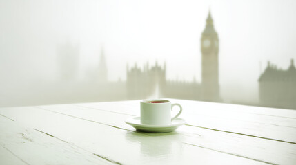 A white coffee cup sits on a rustic wooden table with a blurred background of Big Ben and foggy London landmarks creating a serene atmosphere