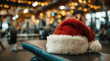 A festive santa hat rests on a gym bench, creating a playful contrast between holiday cheer and workout energy in a vibrant, decorated fitness environment