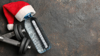 A festive scene featuring a water bottle with a santa hat resting on a textured surface beside dumbbells, symbolizing health and holiday spirit